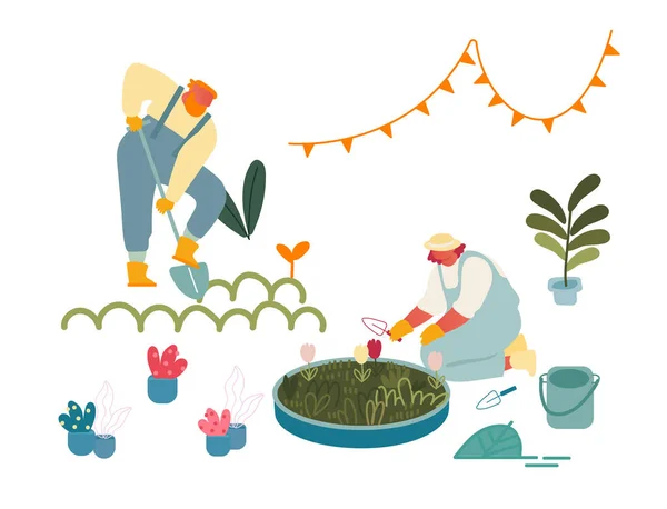 Kvinnor njuter av trädgårdsarbete hobby. Jordbrukare i overall Arbetar med trädgårdsgrävning Jord och skötsel av växter i by eller på landet. Trädgårdsmästare Plantera blommor till marken. Tecknad platta vektor Illustration — Stock vektor