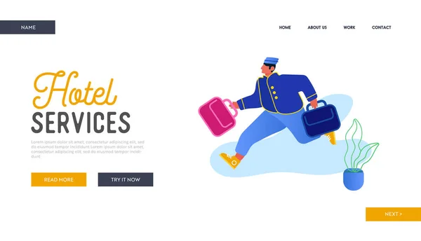 Hotel Hospitality Service Website Landing Page. Bell Boy Carrying Suitcases. Bellman Male Hotel Worker in Uniform Running with Luggage Meeting Guest Web Page Banner. Cartoon Flat Vector Illustration — Stock Vector