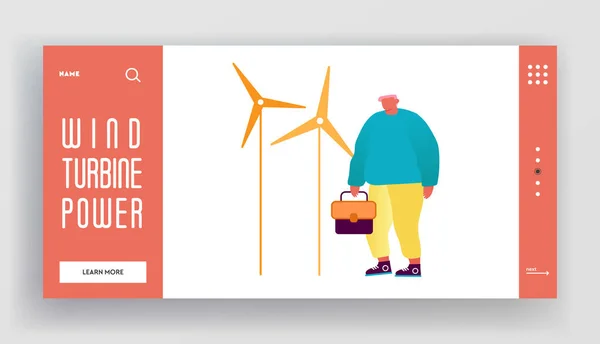 Ren natur Ekologi Miljö Webbplats Landning Sida. Man Operatör eller ingenjör gör underhåll av väderkvarn Turbiner Miljövänlig energiutrustning webbsida Banner. Tecknad platta vektor Illustration — Stock vektor