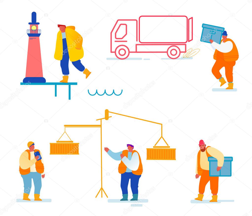 Port Terminal Activity Set. Foreman Control Loading Cargo from Ship to Truck. Operator Working on Lighthouse Isolated on White Background. Maritime Logistics Service. Cartoon Flat Vector Illustration