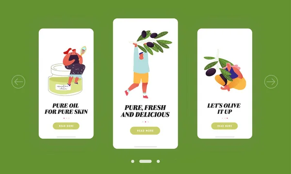 Människor använder olivolja för att äta och kosmetika Mobile App Page Onboard Screen Set. Tiny tecken som håller mogna olivkvistar Eco Food koncept för webbplats eller webbsida, tecknad platt vektor Illustration — Stock vektor