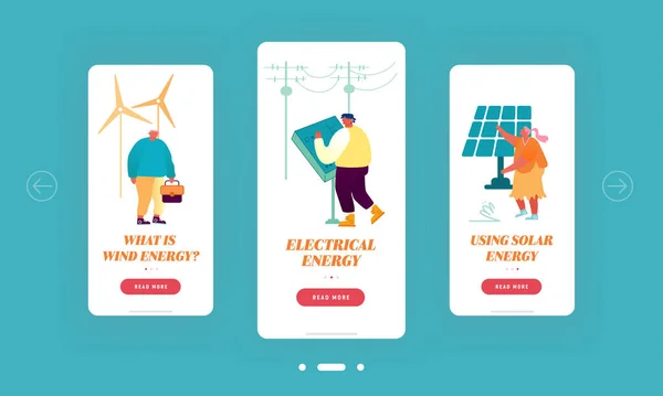 Miljövänlig och traditionell teknik Mobile App Page Onboard Screen Set. Människor som använder solpaneler, väderkvarnar och elektriska poler koncept för webbplats eller webbsida, tecknad platt vektor Illustration — Stock vektor