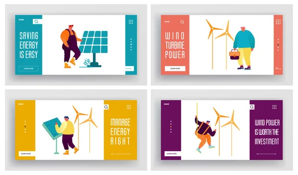 Människor använder grön energi webbplats Landning Page Set. Ren el från förnybara källor Sol och vind. Solpaneler Vind, Turbiner Electric Station webbsida Banner. Tecknad platta vektor Illustration — Stock vektor