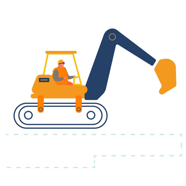 Builder Riding Heavy Excavator Working at Road Repair. Special Heavy Machinery Vehicle Equipment for Crushing Old Asphalt Pavement or Ground on Construction Site. Cartoon Flat Vector Illustration
