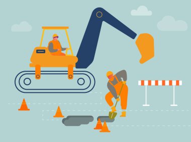 Kazıcı Torba Makinesi 'nin yanında Kürekle Toprak Kazan İnşaatçı. Temelde kazı çalışması, Yol Tamiri. Man Worker Dig Hole in Ground, İnşaat Makineleri. Çizgi film Düz Vektör İllüstrasyonu