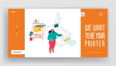 Matbaa ya da Reklam Ajansı Web Sitesi İniş Sayfası. Kadın yalan makinesi ekipmanının yanında duruyor. Tasarımcı Basın Tüketilebilir Typography Image Web Sayfası Sancağını Yapıyor. Çizgi film Düz Vektör İllüstrasyonu