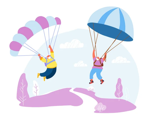 身穿运动服的资深白种人跳伞运动员穿着制服，带着降落伞在空中飘扬。 快乐的老年养恤金领取者从事极限运动、带降落伞跳伞、卡通平面矢量图解 — 图库矢量图片