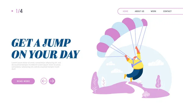 Active Senior Man Skydiver Jumping with Parachute Website Landing Page. Pensioner Sports Activity Hobby. Happy Aged Character Skydiving Extreme Sport Web Page Banner. Cartoon Flat Vector Illustration — ストックベクタ