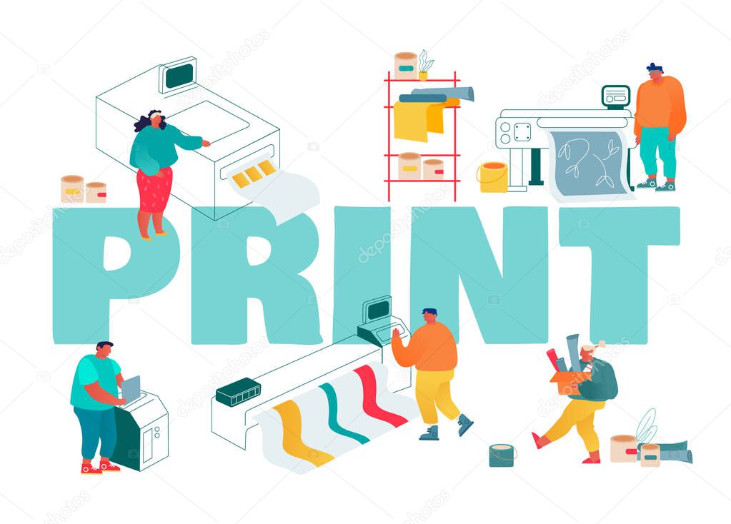 Print and Polygraphy Industry Concept. Printing House Production Process Facilities Equipment Flowchart Plotter, Printer Offset Machine Poster Banner Flyer Brochure. Cartoon Flat Vector Illustration