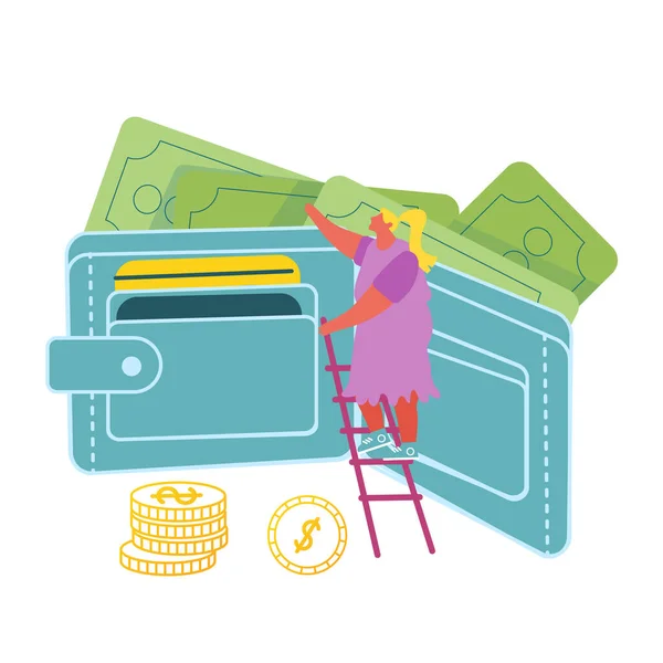 Girl Stand on Ladder στο τεράστιο πορτοφόλι με χρήματα και τραπεζικές κάρτες. Tiny Woman Character με χρυσά νομίσματα και χαρτονομίσματα. Αποταμίευση, μετρητά και πιστωτικές κάρτες Concept. Εικονογράφηση επίπεδου διανύσματος κινουμένων σχεδίων — Διανυσματικό Αρχείο