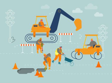 İnşaat Roller Machine ile Yol Tamiri, Kazıcı Kazı Deliği, İnşaatçılar Toprağı Kürek ve El Arabası ile Kaldırıyor. Vakıf Çizgi Filmi Düz Vektör İllüstrasyonunda Çuval Kazma Çalışması