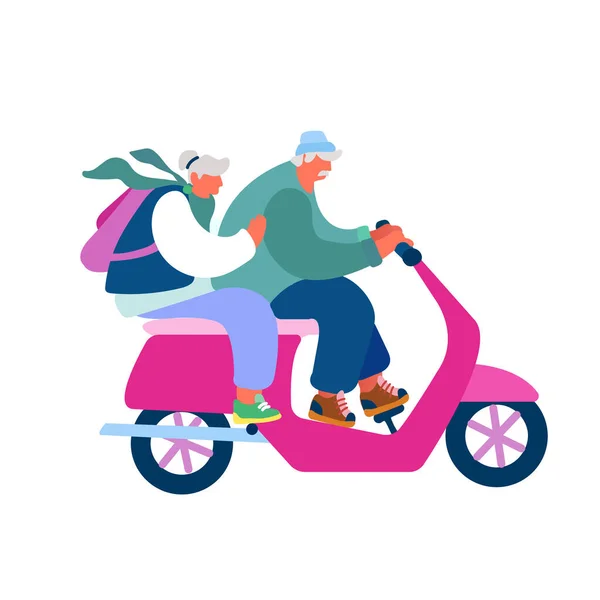 Очаровательная пара веселых пожилых людей Езда на мотоцикле, мужчина и женщина пенсионера Активный образ жизни, пожилые люди Деятельность — стоковый вектор