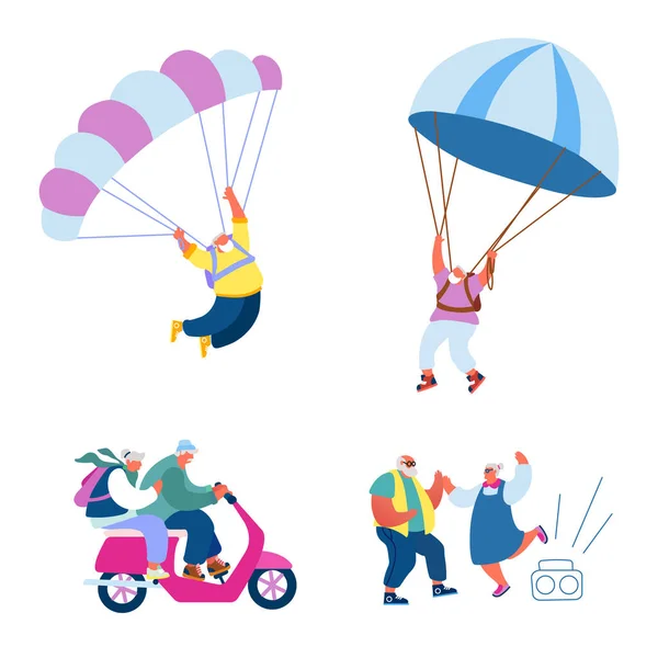 Старі люди ведуть активне життя. Щасливі персонажі пенсіонерів, які займаються екстремальним спортом, стрибають з парашутом — стоковий вектор