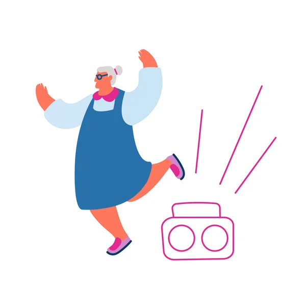 Active Old Woman Dance Ocio o hobby. Alegre pensionista senior dama en gafas de sol de moda bailando y relajante — Vector de stock