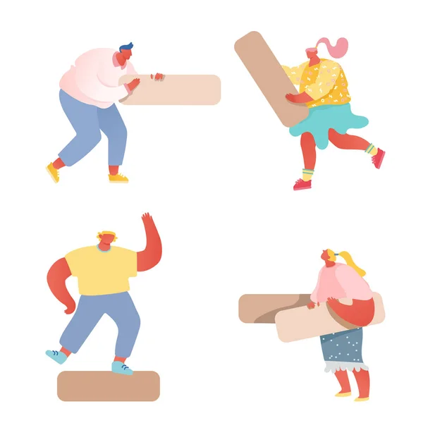 Conjunto de personas configurar rompecabezas aislado sobre fondo blanco. Hombres y mujeres sosteniendo enormes piezas de madera para el juego de mesa — Vector de stock