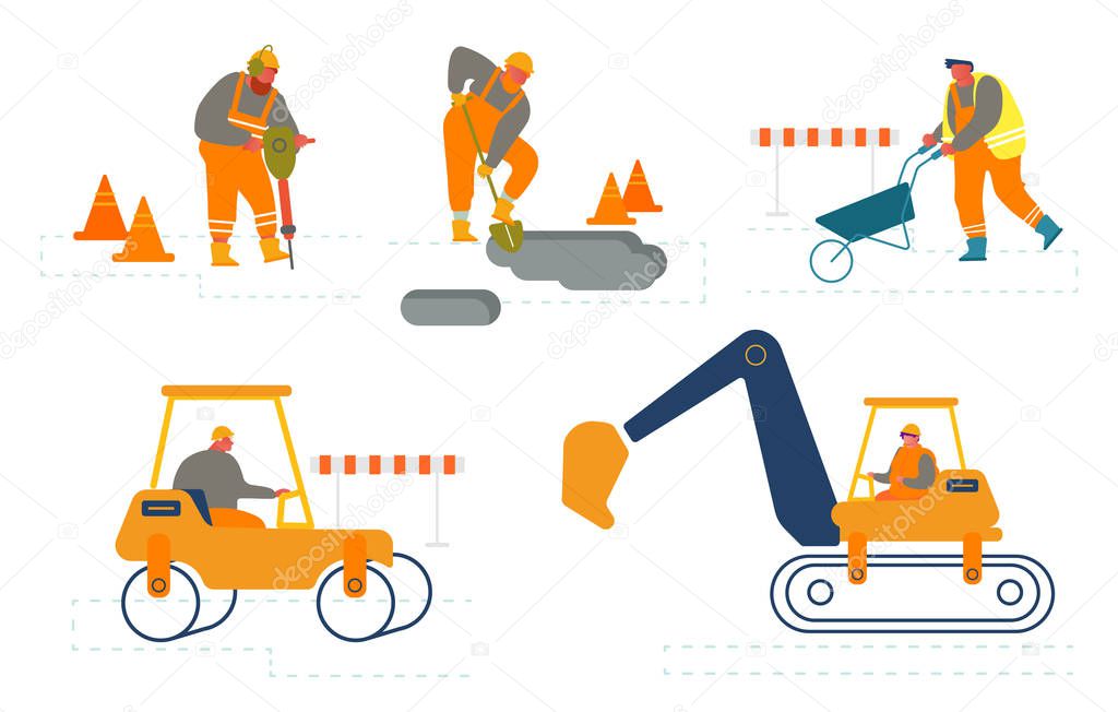 Set of Workers on Road Repair Construction. Roller Machine, Excavator Dig Hole in Ground, Builders Remove Soil