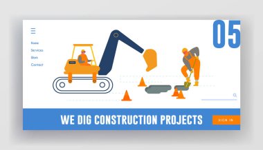 Yol Tamiri ya da İnşaat Vakfı Web Sitesi İniş Sayfasında Bagger Kazma Çalışması. Kazı Makinesi