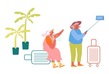 Egzotik Ülke Seyahatinde Selfie Yapan Yaşlı Kadın Çift. Yolculukta bagajı olan neşeli yaşlı kadınlar, Olgun Turistler Birlikte Eğlenceli Yolculuklar Çizgi Film Düzleştiricisi Resimleri