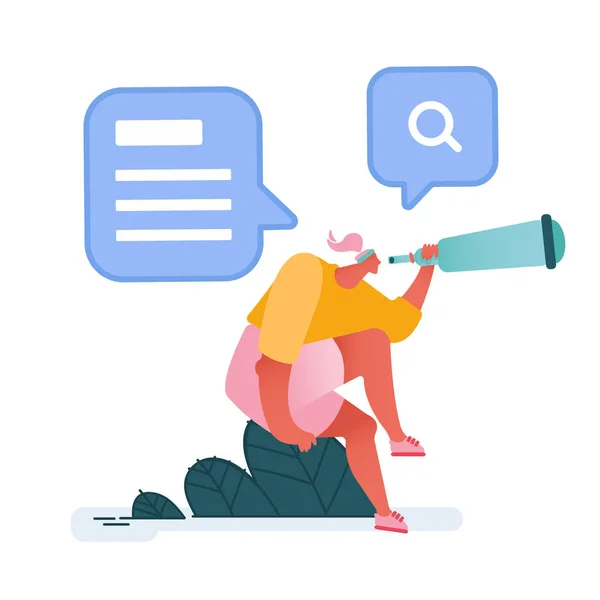 Hiring Career Employment and Searching Human Resources Concept with Young Woman Sitting on Rock Looking through Spyglass with Magnifying Icon and Text Icon. Hr Service Cartoon Flat Vector Illustration — ストックベクタ