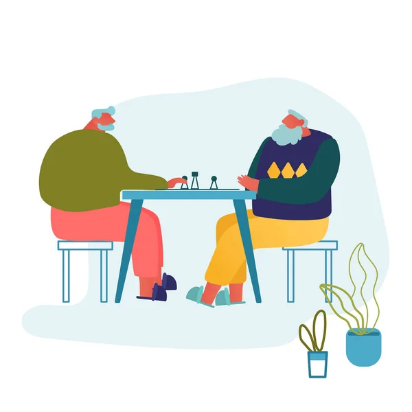 Relaxing Senior Men Playing Chess in Nursing Home. Couple de retraités joyeux passer du temps ensemble au jeu intellectuel, Retraités Loisirs et Sparetime. Illustration vectorielle plate de bande dessinée — Image vectorielle