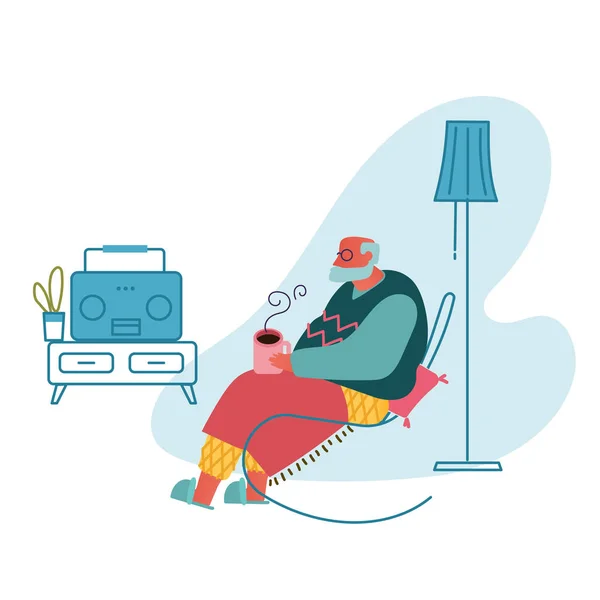 Senior Grey Haired Man in Glasses Assis dans un fauteuil Boire du thé et écouter de la musique à la radio. Personnage masculin âgé Sparetime, Loisirs et passe-temps en maison de soins infirmiers. Illustration vectorielle plate de bande dessinée — Image vectorielle
