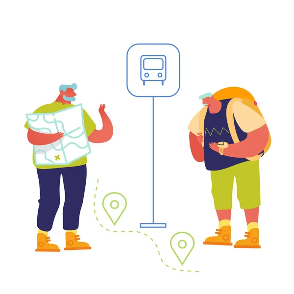 Touristes seniors à la recherche d'endroits à l'étranger en utilisant la carte et l'application mobile avec GPS. Les personnes âgées utilisent les technologies intelligentes pour voyager. Voyage des retraités actifs. Illustration vectorielle plate de bande dessinée — Image vectorielle