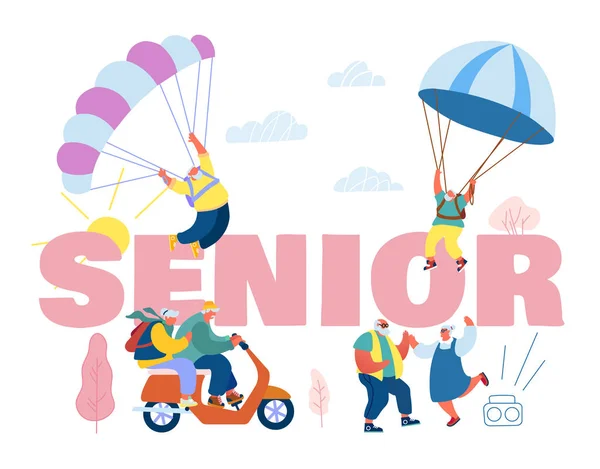 Концепция свободного времени для пожилых. Активный образ жизни пожилых людей. Happy Aged Pensioners Doing Extreme Sport Skydiving, Biking, Disco Dancing Poster Flyer Brochure. Мультипликационный вектор — стоковый вектор
