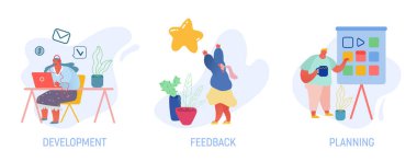 Geliştirme, Planlama ve Geribildirim Beyaz Arkaplan 'da izole edildi. Dizüstü bilgisayarda çalışan kadın, derecelendirme yapan kız, ofis karikatürü düz vektör ilülasyonunda sunum yapan erkek.