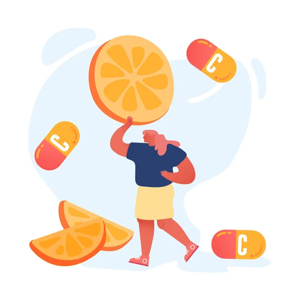 Mujer joven sosteniendo enorme rodaja de naranja o limón. Vitaminas en frutas y cítricos Eco productos, estilo de vida saludable — Vector de stock