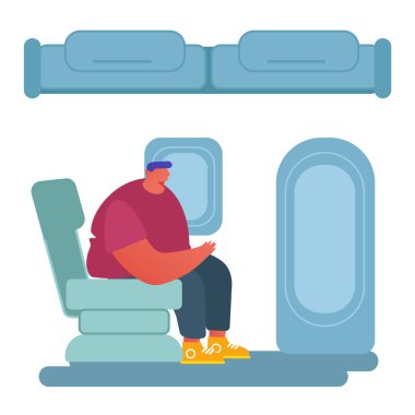 Uçak Konseptiyle Seyahat Eden İnsanlar. Rahat koltukta oturan genç adam acil çıkış kapısının yanında dinleniyor. Uçak Tahtasında Yolcu, Hava Yolları Taşımacılık Servisi Çizgi Filmi Düz Vektör İlülasyonu