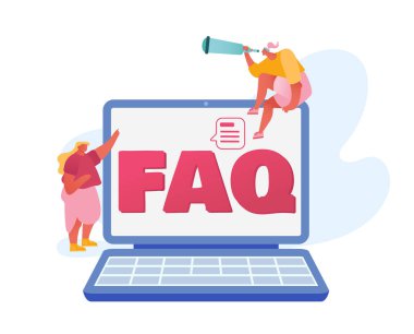 İnsanlar Ekranda Faq Typography ile Dev Laptop 'ın etrafında Sorular Sorup Cevaplar Arıyor. Spyglass 'lı Bilmece Kadın Bilgisayarda Uzağa Bakıyor. Çizgi film Düz Vektör İllüstrasyonu