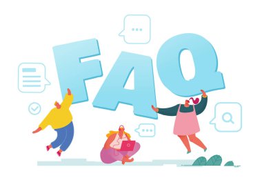 Faq Servis Konsepti. İnsanlar Dizüstü, Kullanıcı Kılavuzu veya Rehberi, Müşteri Araması Faydalı Bilgi Posteri Broşürü ile Online Soru Sorma Destek Merkezi 'ni arıyor. Çizgi film Düz Vektör İllüstrasyonu
