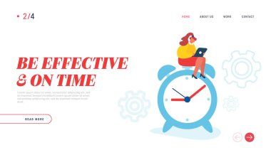 Business Worcess Web Sitesi İniş Sayfası. İş kadını elinde dizüstü bilgisayarla dev bir çalar saatin üzerinde oturuyor. Zaman Yönetimi Erteleme Verimliliği Web Sayfası Afişi. Çizgi film Düz Vektör İllüstrasyonu