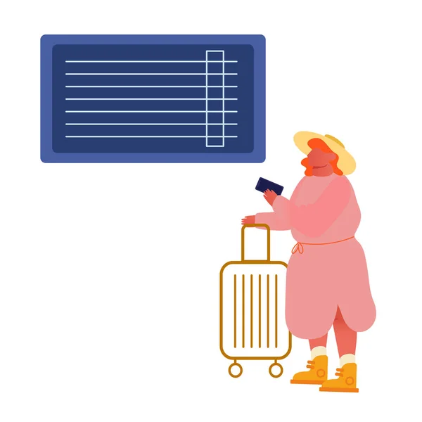 Young Woman Character in Dress and Hat Hold Smartphone and Luggage Waiting Plane Registration or Airplane Boarding in Airport Terminal Area Summer Time Vacation Trip Cartoon Flat Vector Illustration — Stockový vektor
