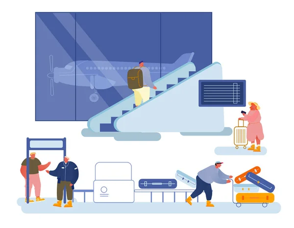Människor som reser koncept. Män kvinnor på flygplatsen avdelningen väntar ombordstigning på flygplan för resa. Karaktärer sätta bagage för skanning på Conveyor Belt. Turister resa tecknad platt vektor Illustration — Stock vektor