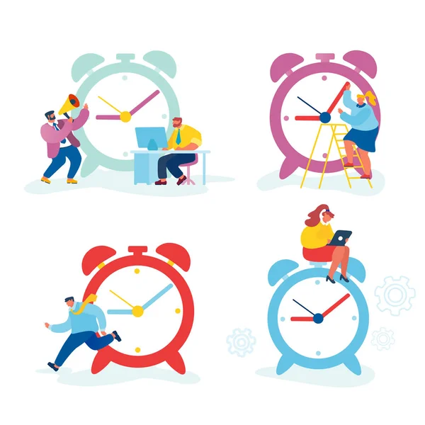 Set of Businesspeople and Huge Clock. Business Woman Sitting on Top with Laptop, Moving Arrows on Dial. Teamwork, Deadline, Time Management in Working Process Concept Cartoon Flat Vector Illustration — Stock Vector