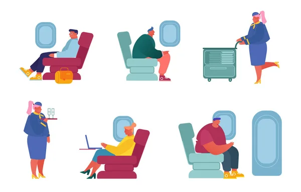 Definir tripulação de avião e personagens de passageiros em avião isolado em fundo branco. aeromoça dá bebida a pessoas felizes sentadas em cadeiras de Aircraft Airline Service Cartoon Flat Vector Ilustração —  Vetores de Stock