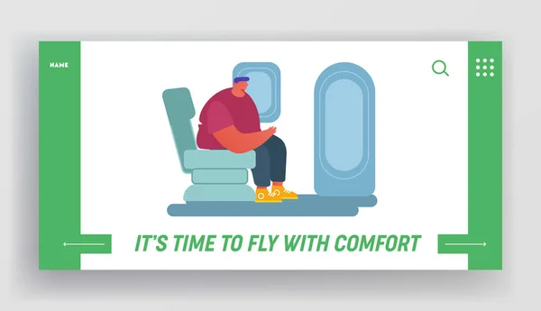 飛行機のウェブサイトランディングページで旅行する人。緊急出口近くの快適な座席に座っている若い男。飛行機ボード、航空会社のWebページバナーの男性旅客。漫画フラットベクトルイラスト — ストックベクタ