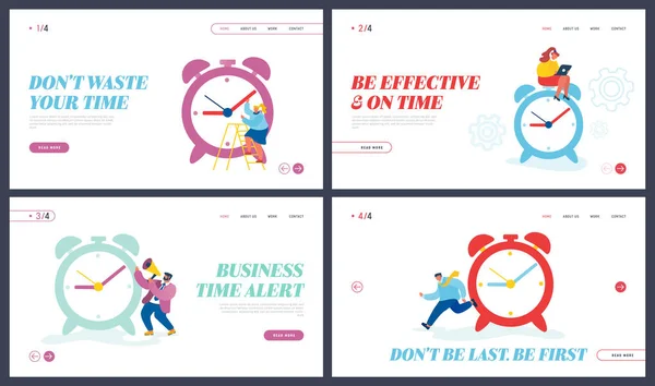 Business Process, Time Management Website Landing Page Set. Rušní podnikatelé a obrovské budíky. Procrastination Termín Pracovní produktivita Web Page Banner. Cartoon Flat Vector Illustration — Stockový vektor