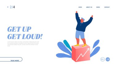 En İyi Çalışan Yöneticisi Başarı Zirvesi Web Sitesi İniş Sayfasında Neşeleniyor. Mutlu İşadamı Yükselen Diyagram Grafik Çizelgesinde El Sallayan Web Sayfası Sancağının Üzerinde Duruyor. Çizgi film Düz Vektör İllüstrasyonu