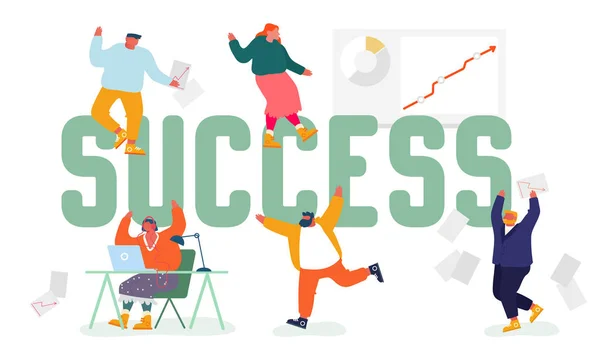 Zakelijk succesconcept. Vreugdevolle mensen dansen en gooien papieren na succesvolle deal of contract ondertekenen. Managers Team verheugen zich Grow Chart Poster Banner Flyer Brochure Cartoon Flat Vector Illustratie — Stockvector