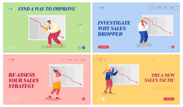 Ekonomisk lågkonjunktur, Försäljning Drop och kris webbplats Landning sida Set. Sad Business People at Decline Red Arrow Chart, Ledningen misslyckades uppnå vinst webbsida Banner. Tecknad platta vektor Illustration — Stock vektor