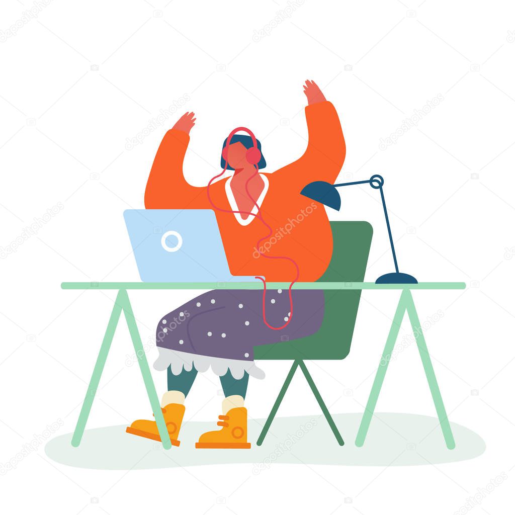 Successful Worker Celebrate Success. Business Woman Celebrating Victory or Successful Deal Sitting at Working Desk with Hands Up Happily Gesturing Happy Manager Winner Cartoon Flat Vector Illustration