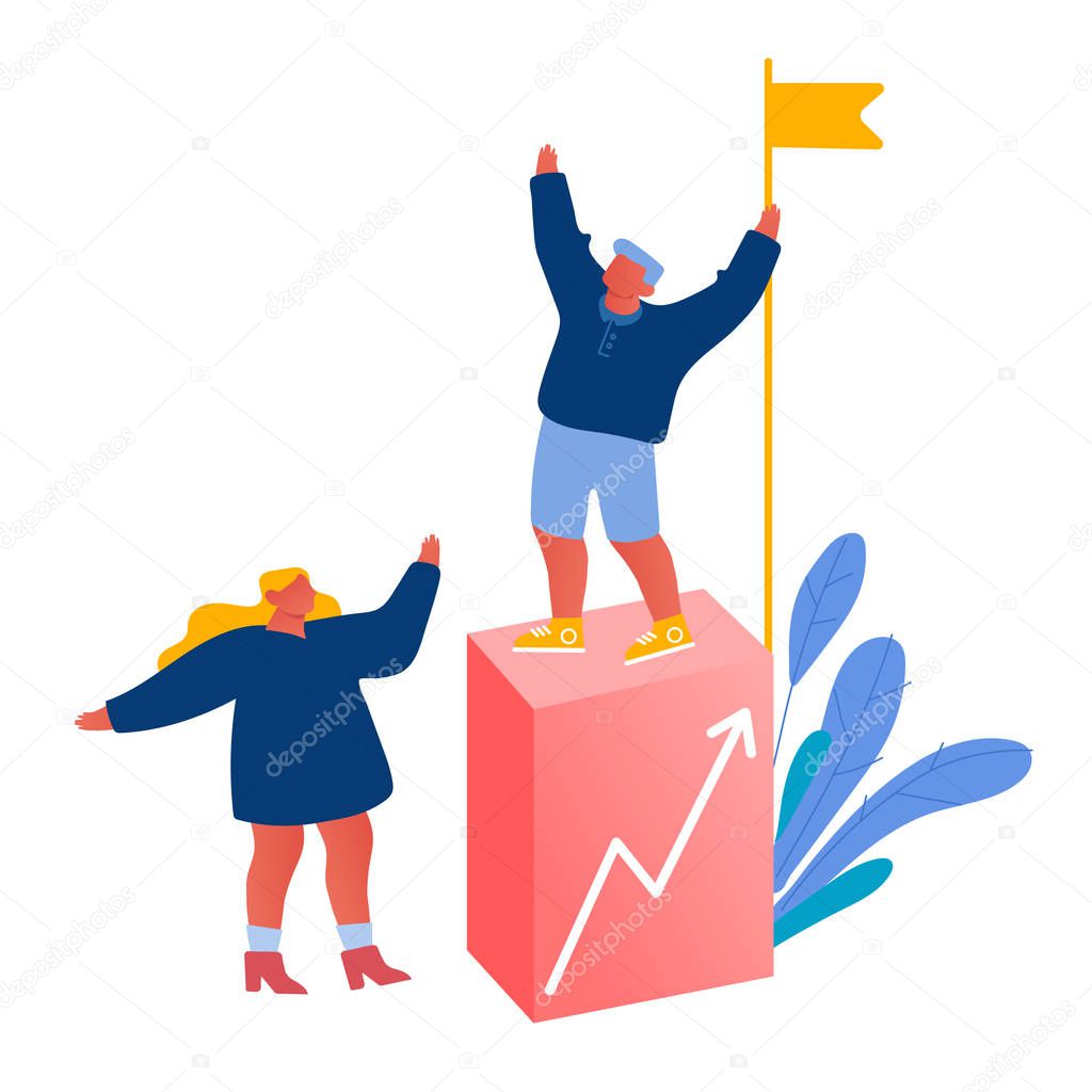 Team Work, Challenge Partnership and Leadership Concept. Business People Climbing Up Financial Graph and Chart Stairs Set Up Flag on Top. Career Ladder with Characters Cartoon Flat Vector Illustration