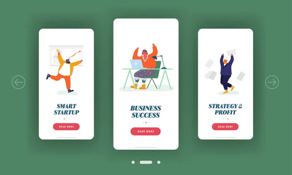 Business Success Mobile App Page Ensemble d'écran embarqué. Joyful People Dance and Throw Papers after Successful Deal or Contract Signing Concept for Website or Web Page, Cartoon Flat Vector Illustration — Image vectorielle
