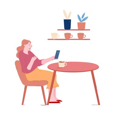 Restoranda Dinlenen Genç Kız elinde kahve fincanı tutan akıllı telefonla masada oturuyor. Kadın Ziyaret Kafesi, Kadın Müşteri Karakteri Eğlence Mekanı. Çizgi film Düz Vektör İllüstrasyonu