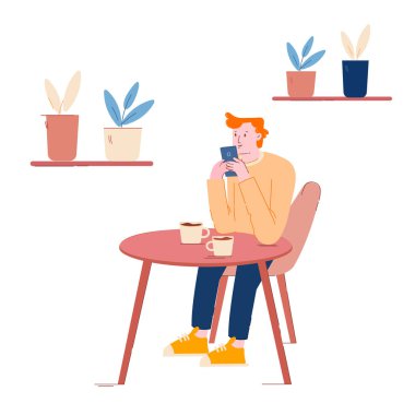 Bedava Karısını Kullanarak Kafe 'yi Ziyaret Eden Genç Adam, Misafirperverlik Konsepti. Modern Restoran Çizgi Filmi Düz Vektör İllüstrasyonunda Masada Oturan, İçki İçen ve Cep Telefonu ile Sohbet Eden Erkek Karakteri