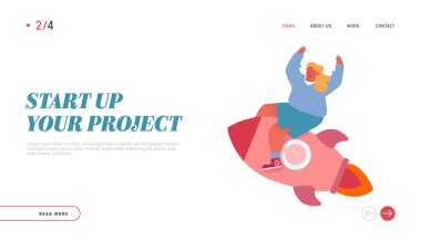 İş Yarışı Yarışması, Yaratıcı Fikir Projesi Web Sitesi İniş Sayfası. Roket motorunda uçan mutlu iş kadını el sallayarak başarılı web sayfası afişi için yarışıyor. Çizgi film Düz Vektör İllüstrasyonu