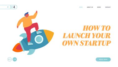 Yaratıcı İş İnovasyonu, Yeni Başarılı Proje Başlangıcı Web Sitesi İniş Sayfası. İşadamı Karakteri Roketle Hedefe Uçuyor. Pazarlama Stratejisi Web Sayfası Afişi. Çizgi film Düz Vektör İllüstrasyonu