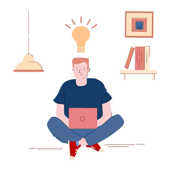 Man Programmer, Designer or Coder Working on Computer with Glowing Light Bulb above Head. Office Worker or Freelancer Having Creative Idea, Testing or Coding Program. Cartoon Flat Vector Illustration — 스톡 벡터